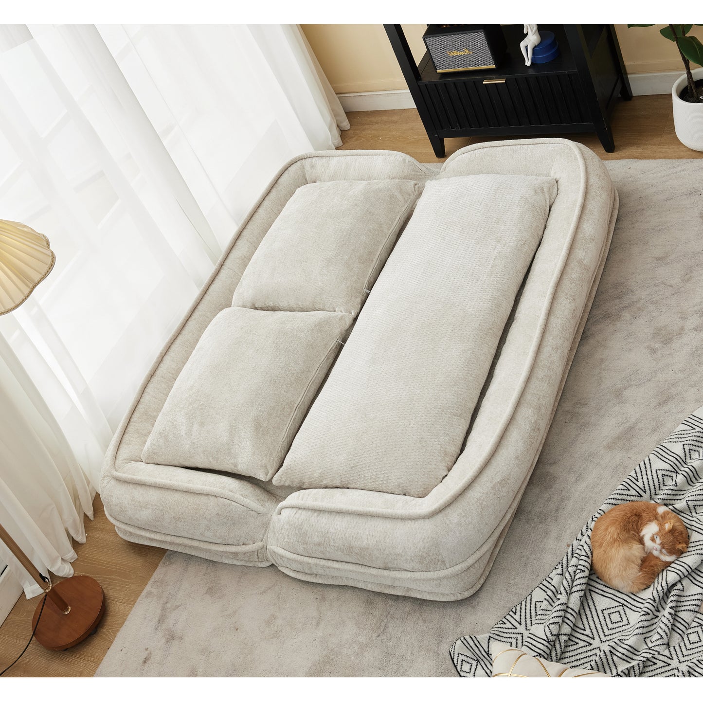 Extra Large Chenille Lazy Sofa Loveseat - Beige 2-in-1 Dog Bed