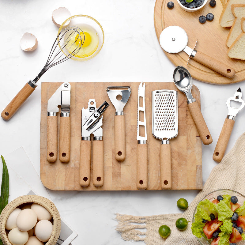 Kitchen 9-Piece Wooden Handle Baking Tool Set - Stainless Steel Utensils