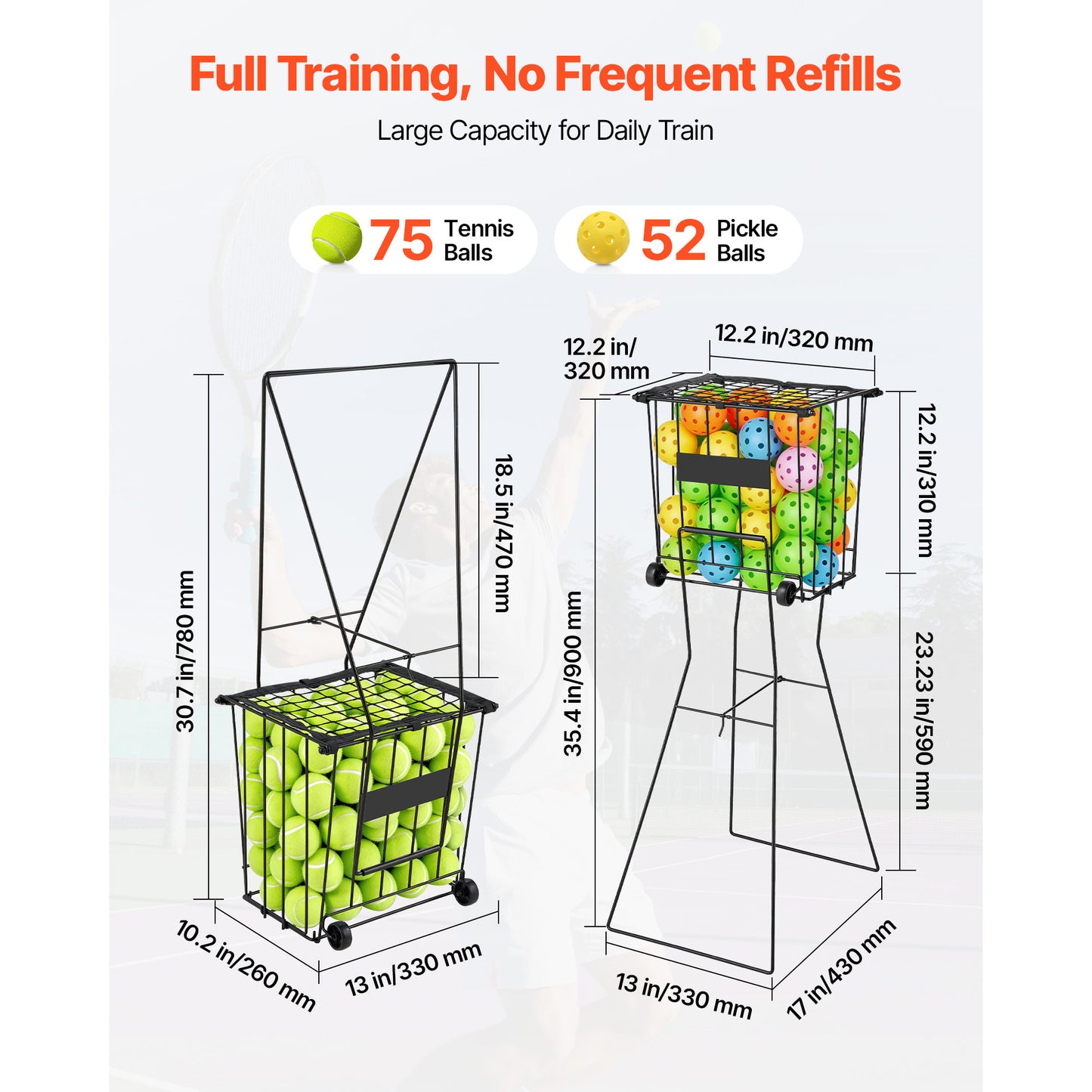 Tennis Ball Hopper with Wheels - Holds 75 Balls, Portable Pickleball Basket for Training & Storage