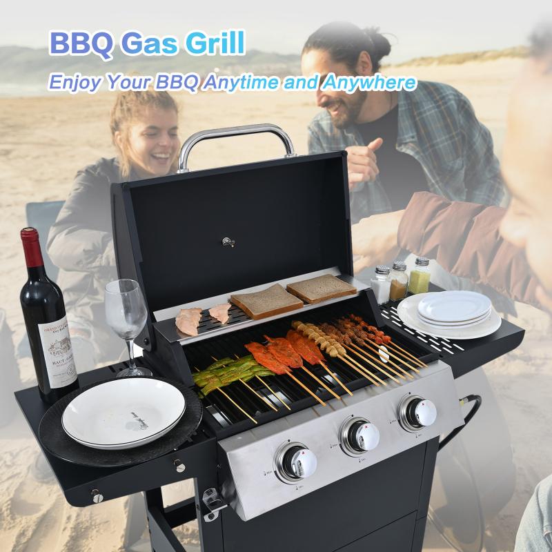 Three-Burner Propane Gas Grill with Stainless Steel Design & Wheels