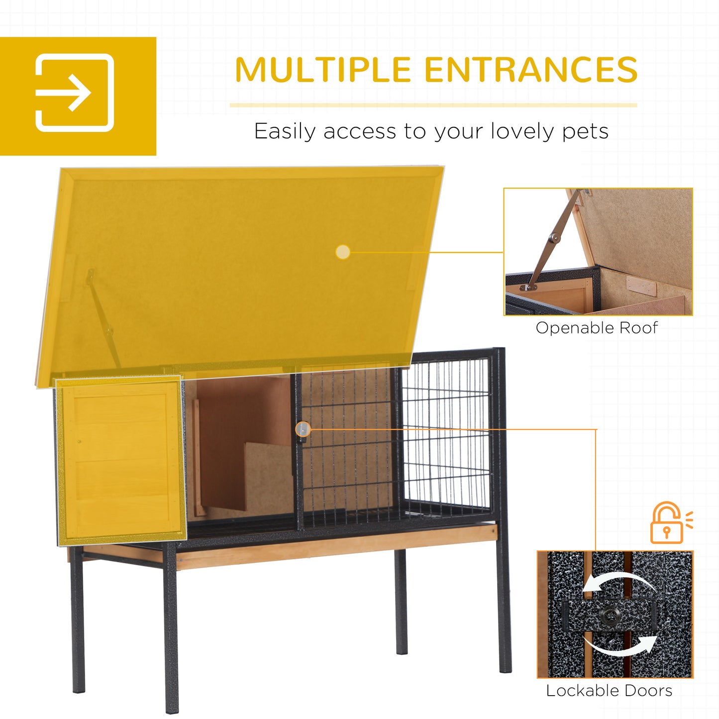 Elevated Wooden Rabbit Hutch with Metal Frame & Weatherproof Roof for Small Animals