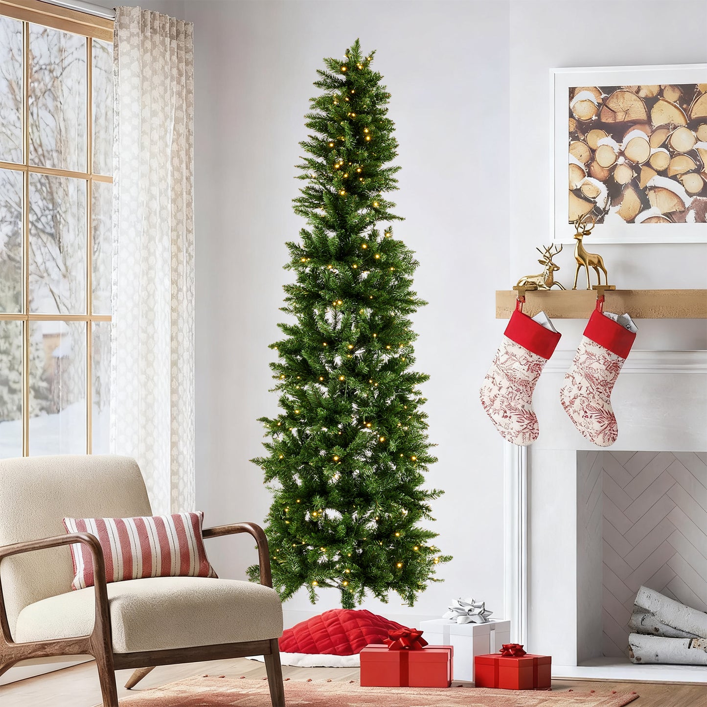 Prelit Slim Christmas Tree with 250 LED Lights & Foldable Base