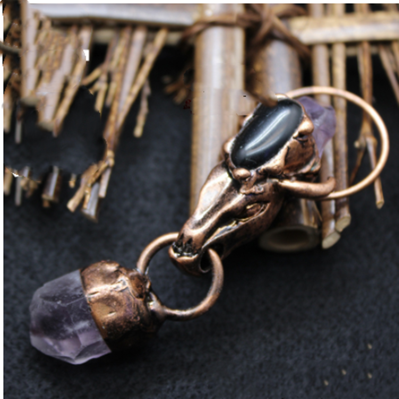 Exaggerated Bull Head Necklace Pendant with Amethyst Crystal - Unisex Jewelry