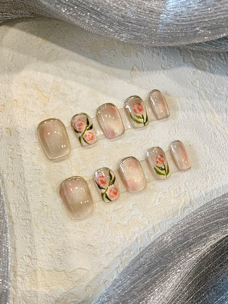 French Rose Nail Tips Set - Short Temperamental Fake Nails for Nail Art