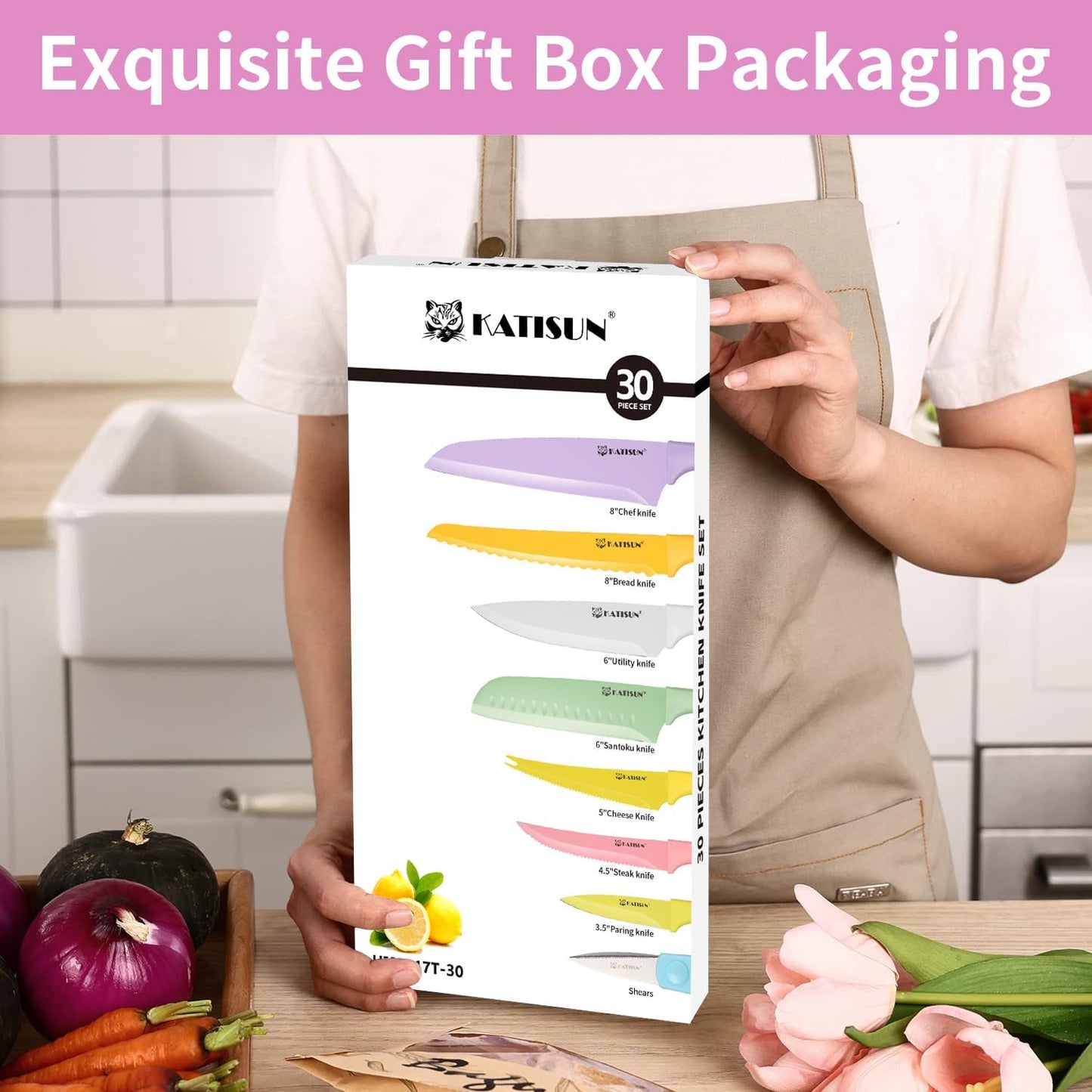 30-Piece Kitchen Knife Set with Cutting Board - Colorful & Durable