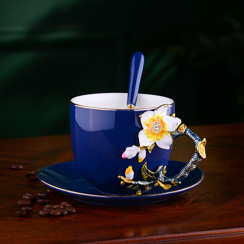 Enamel Coffee Cup and Saucer Set - Ceramic Drinkware Kitchen Decor