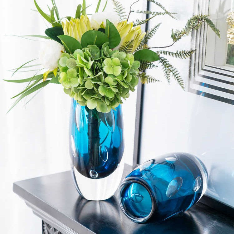 Decorative Glass Flower Vase for Showroom & Living Room - Blue Bubble Style