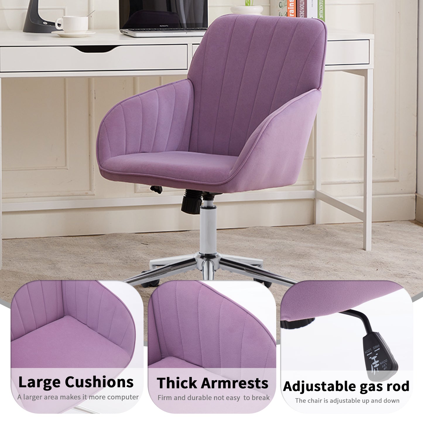 Ergonomic Adjustable Office Chair - Lilac Velvet Swivel Seat