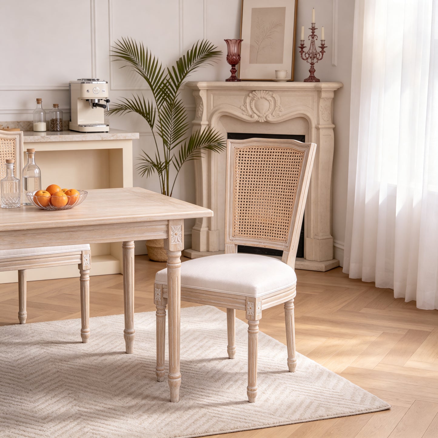 French Country Dining Chairs Set of 2 - Upholstered Rattan Back