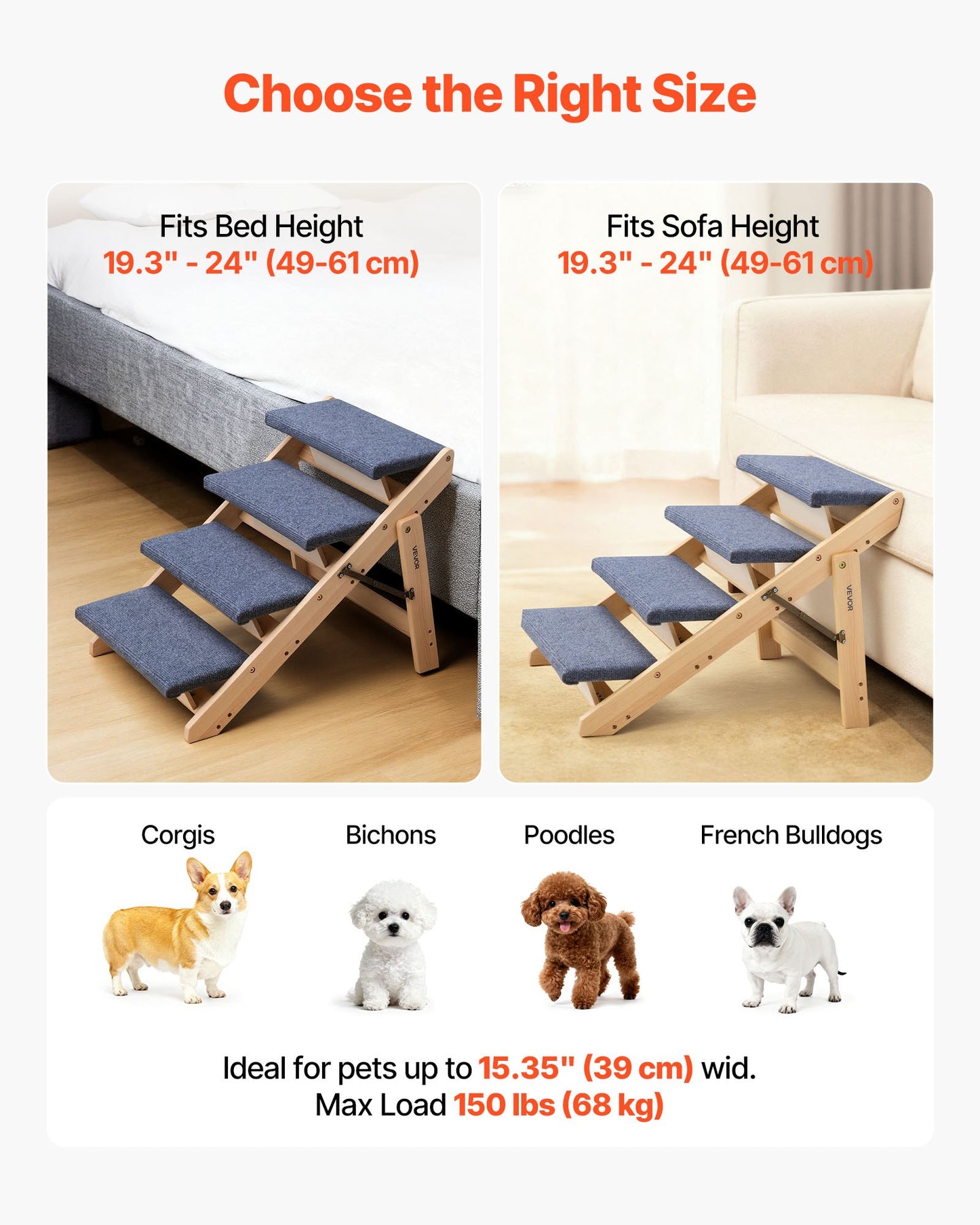 Wood Pet Stairs 4-Step Dog & Cat Ladder for Beds, Sofa & Car, Foldable & Sturdy
