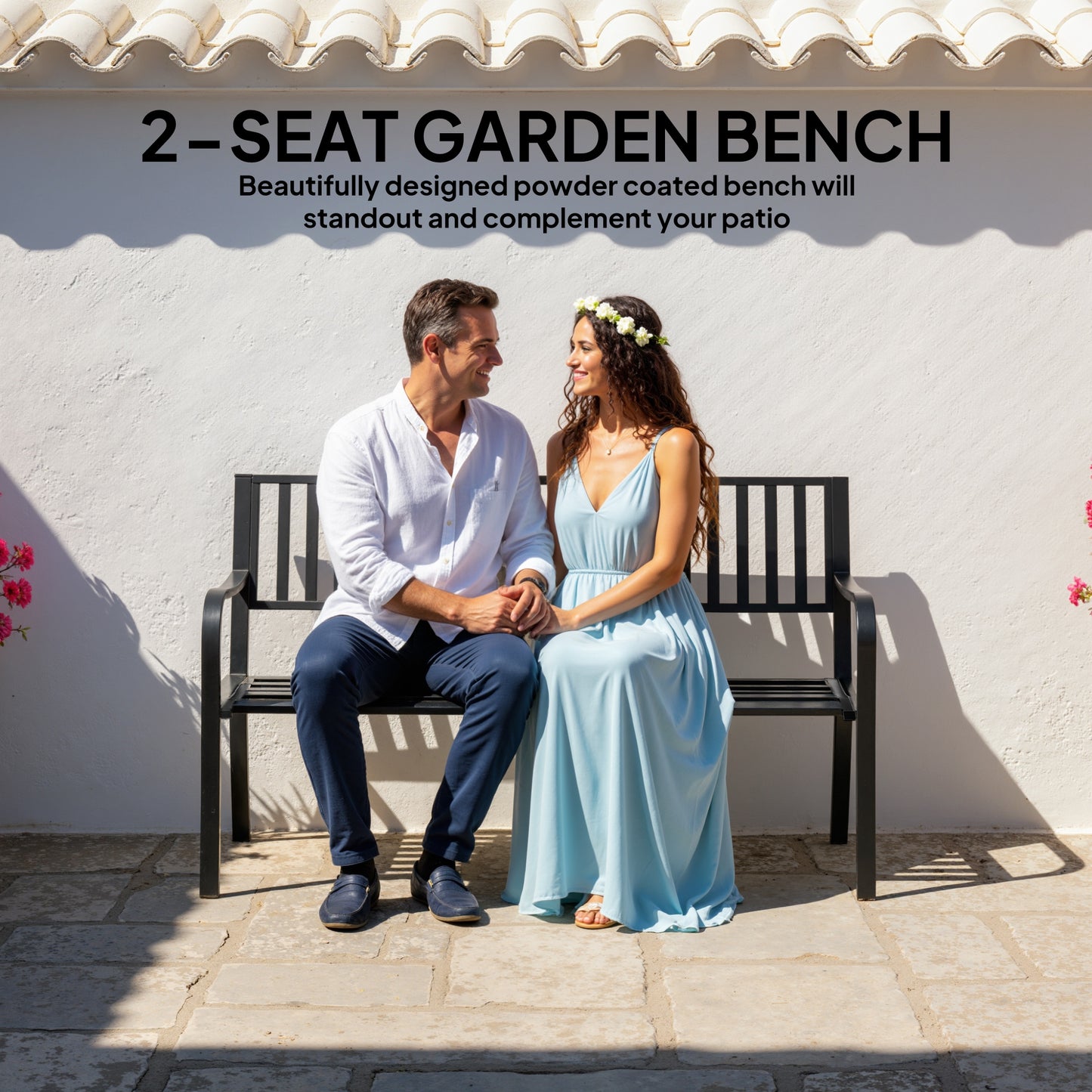50" Outdoor Patio Bench - Slatted Steel Garden Seating - Black