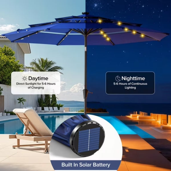10 FT 3-Layer Solar Patio Umbrella with LED Lights & Adjustable Tilt Navy Blue