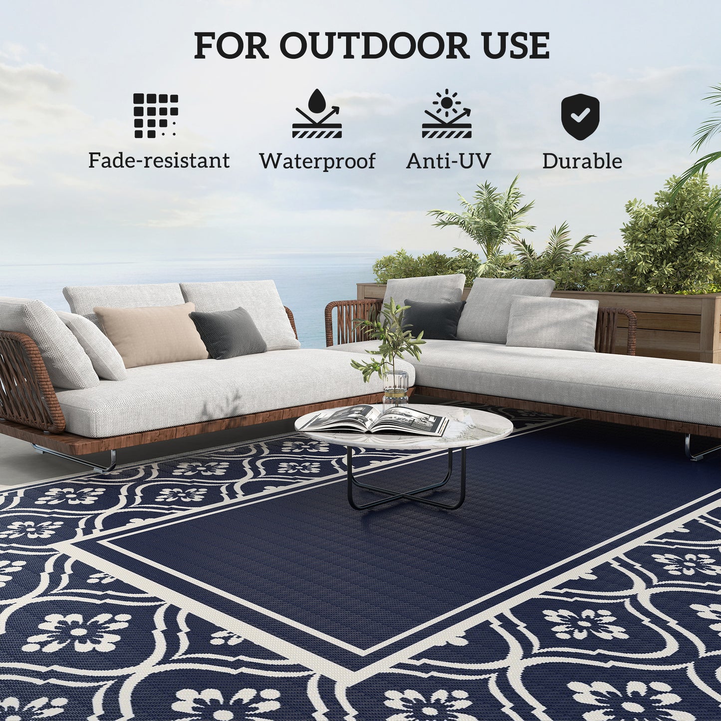 Reversible Outdoor Rug - Waterproof Plastic Straw, 9' x 18', Blue & White Gourd Border