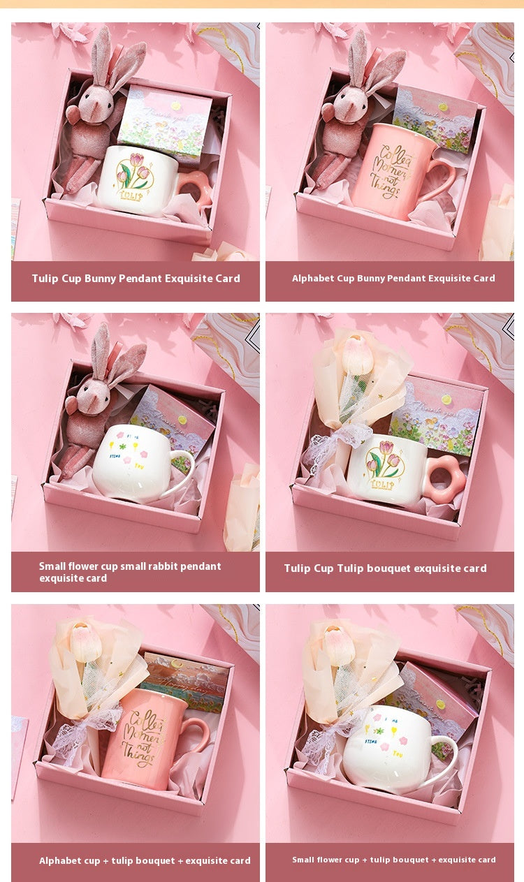 Ceramic Tulip Glass Cup with Bunny Pendant and Gift Card, 301-400ml
