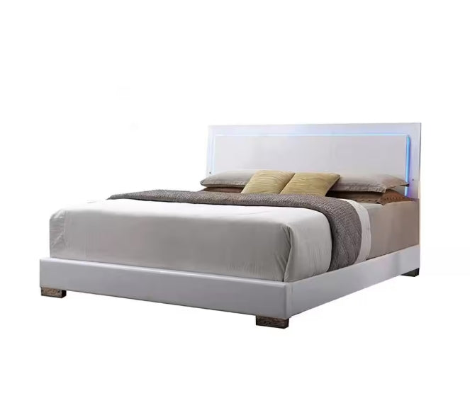 Queen Bed with White Faux Leather & LED Headboard