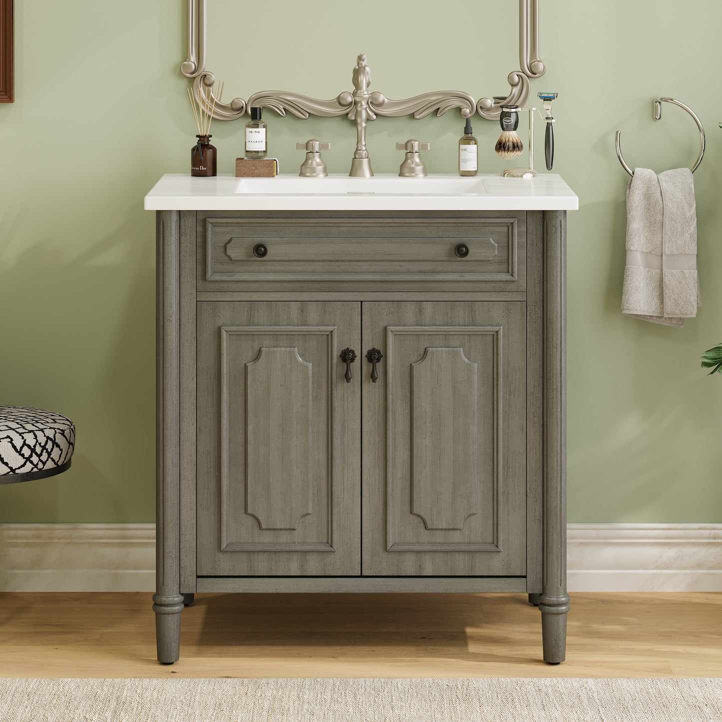 30-Inch Vintage Bathroom Vanity with Sink - Rustic Gray Cabinet