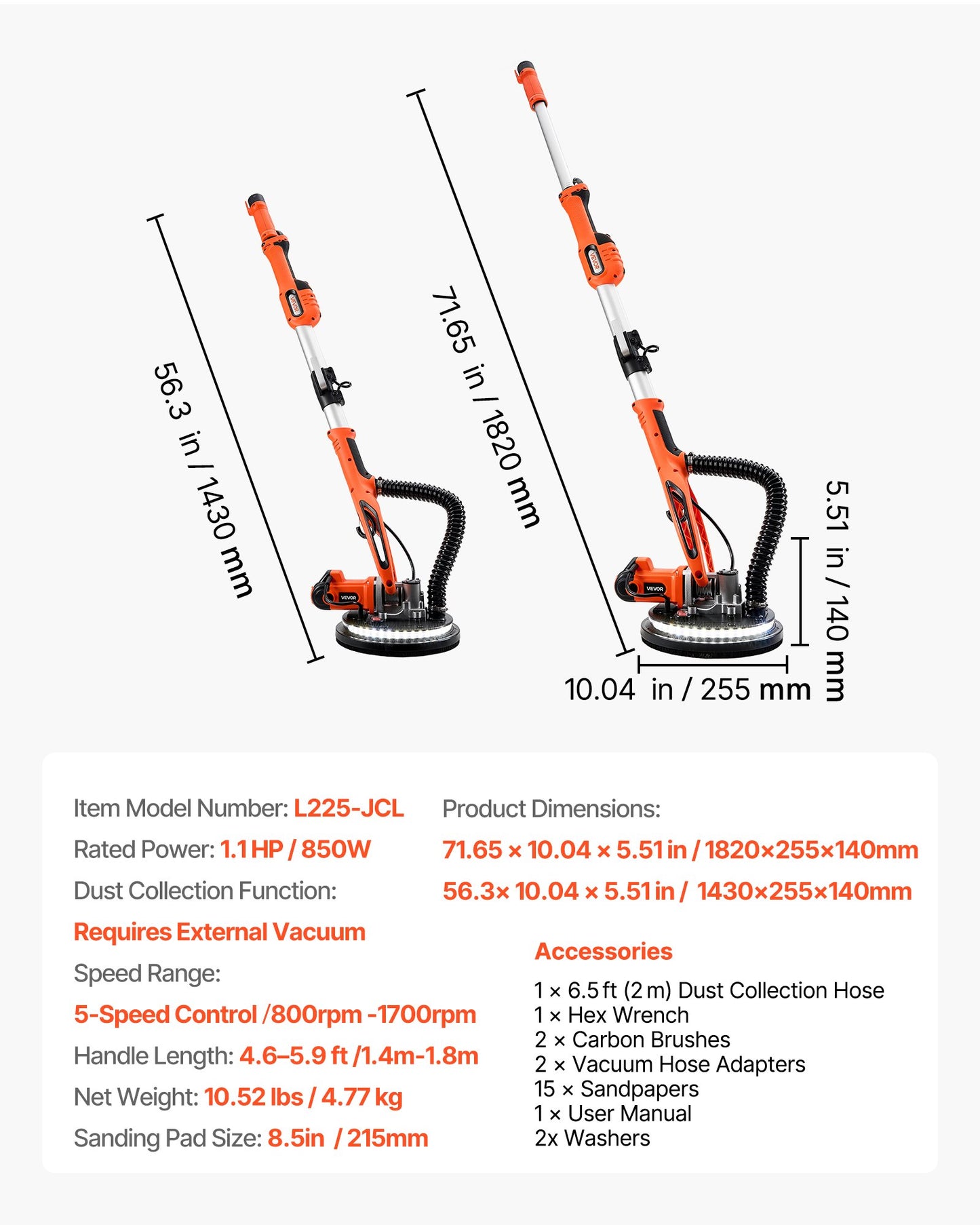 Electric Drywall Sander with Adjustable Speed & LED Light - 850W