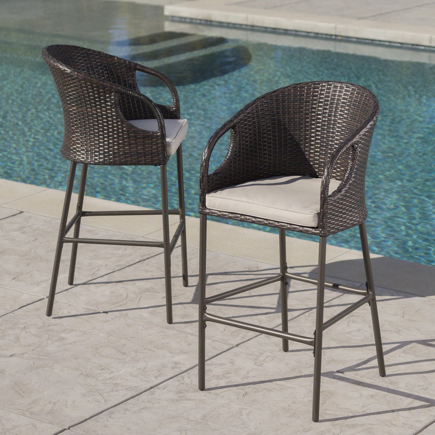 Outdoor 31 PE Rattan Barstools With Waterproof Cushions, Set Of 2,