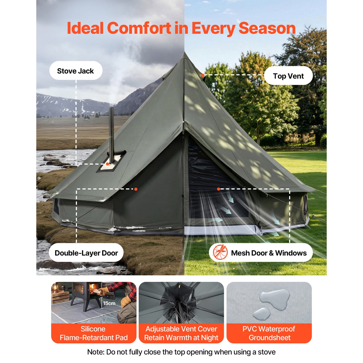 16.4 Ft Canvas Bell Tent for Camping & Glamping – Breathable, 4 Seasons with Stove Jack & Detachable Floor