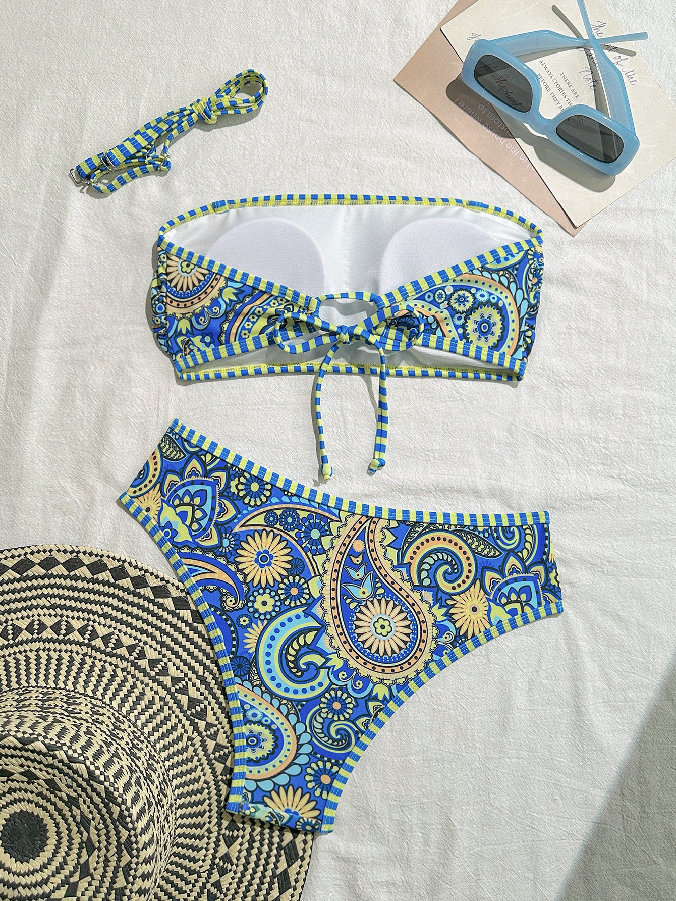 Women's Paisley Print Bandeau Bikini Set - Strapless & High Cut