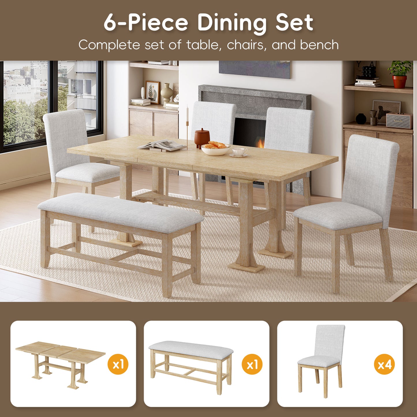 76-Inch 6-Piece Extendable Dining Table Set with Chairs & Bench - Light Gray