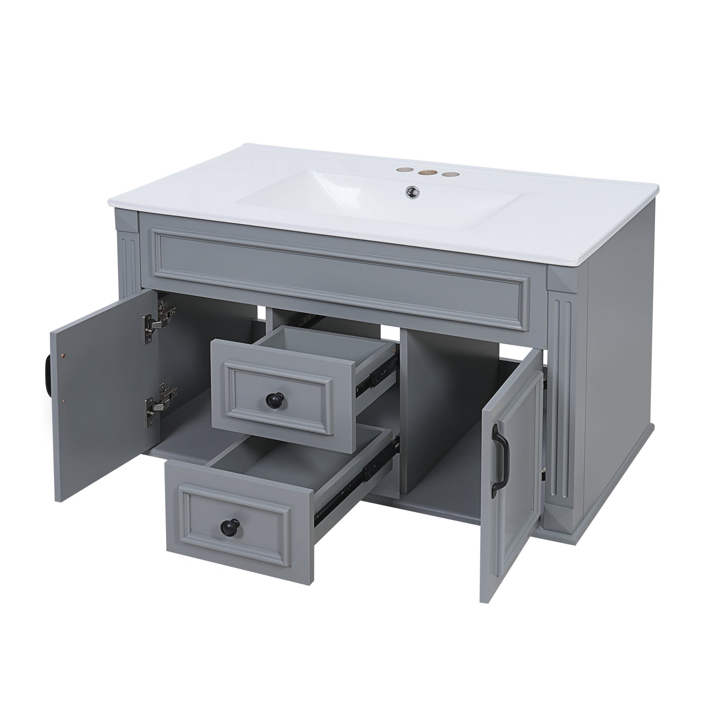 36-Inch Wall-Mounted Bathroom Vanity with Ceramic Sink - Gray