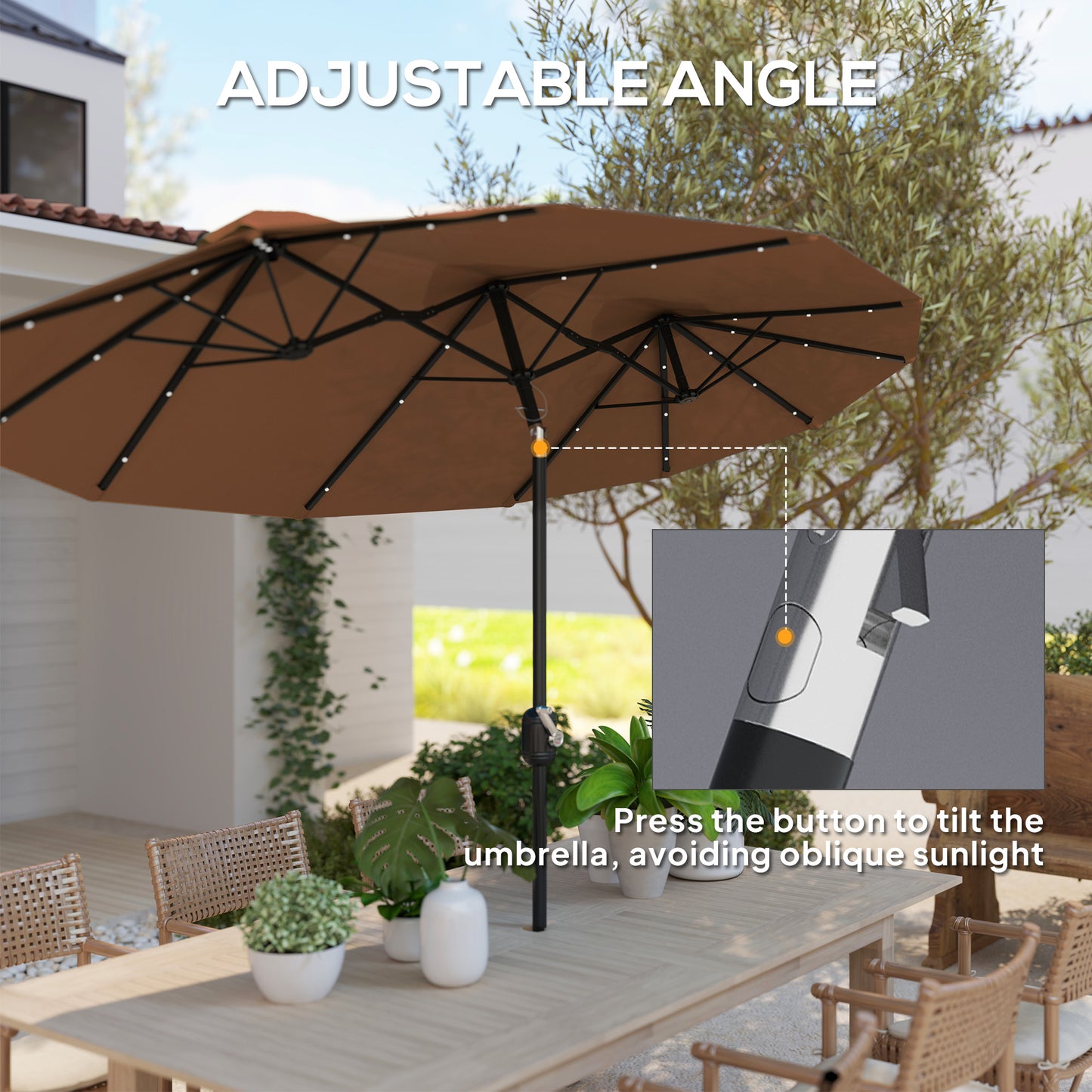 Double-Sided Patio Umbrella with Solar LED Light - Coffee
