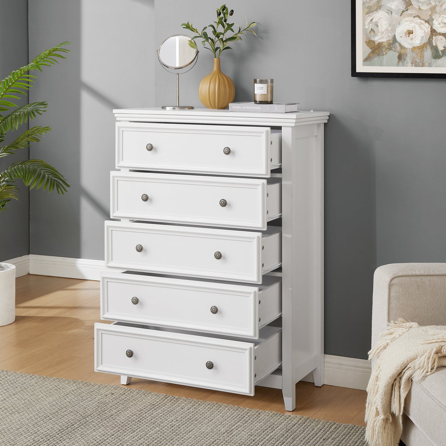 Modern 5-Drawer Dresser - White Chest of Drawers for Storage