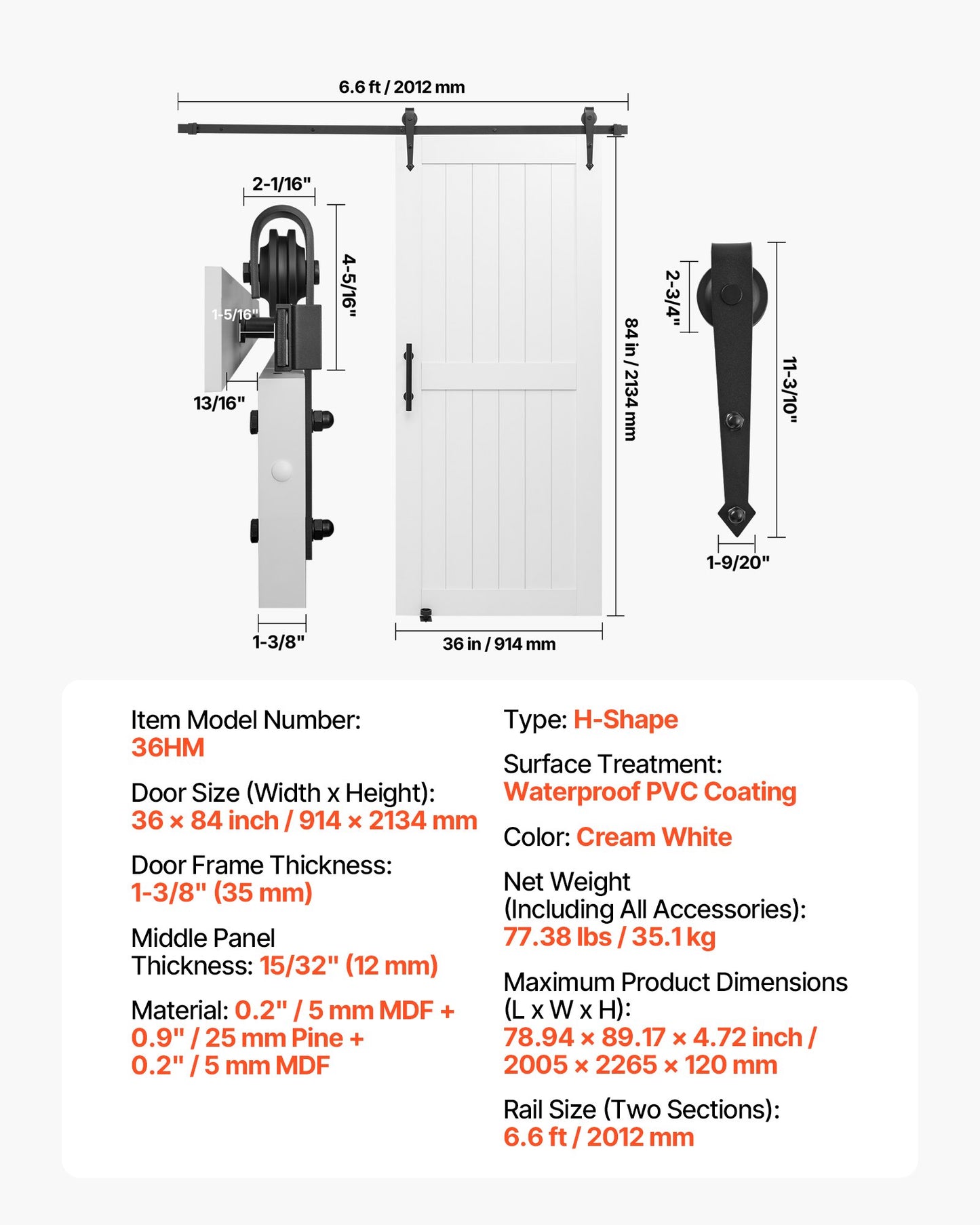 36 x 84 Inch Sliding Barn Door with Hardware Kit - Waterproof MDF Panel, Easy Install