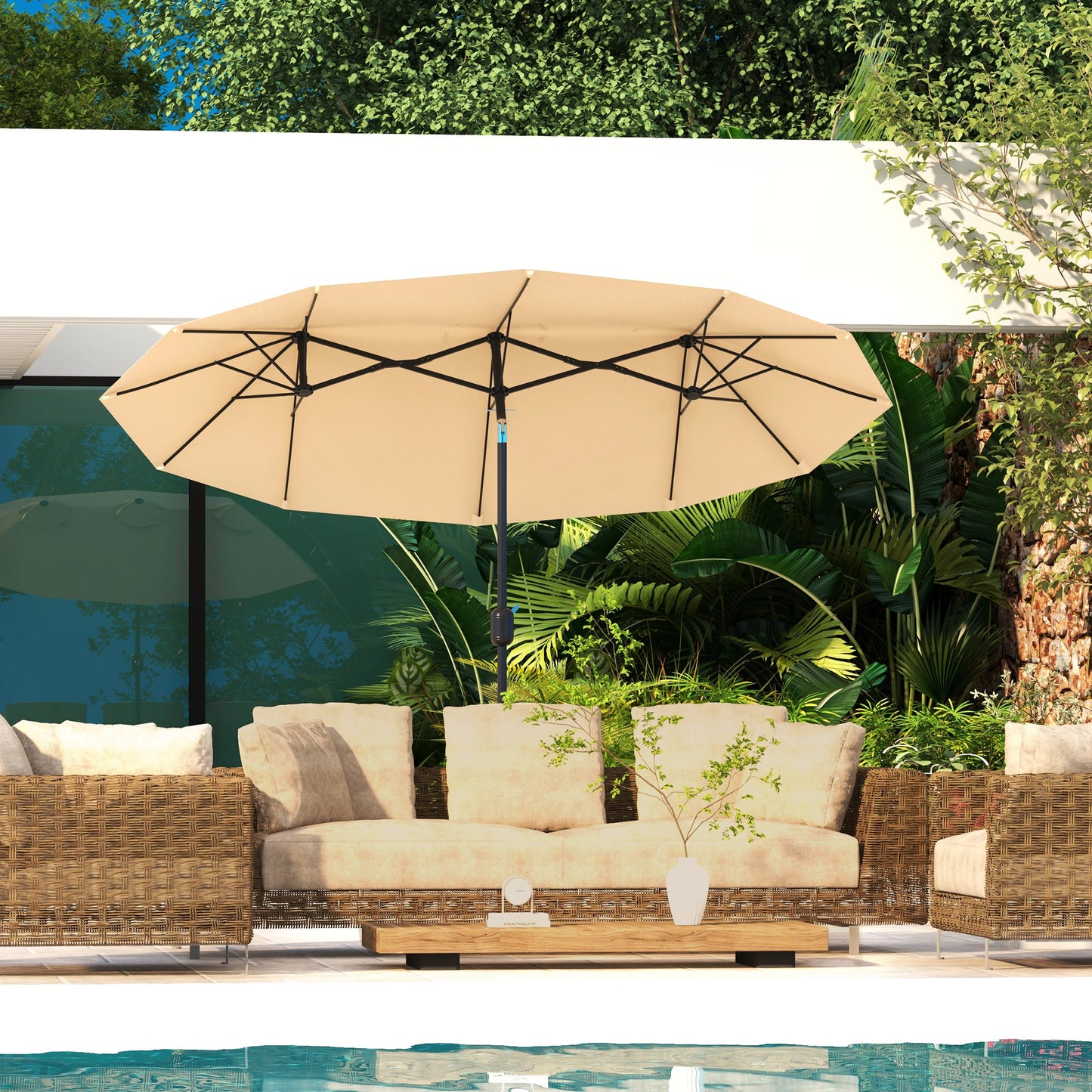 Large Double-Sided Patio Umbrella with Tilt & Crank - Brown