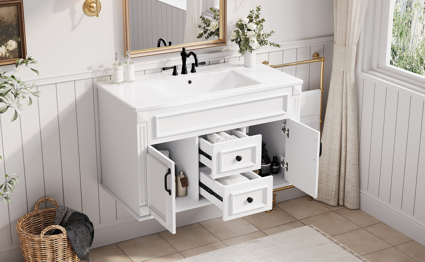 36-Inch Wall-Mounted Bathroom Vanity with Ceramic Sink - White
