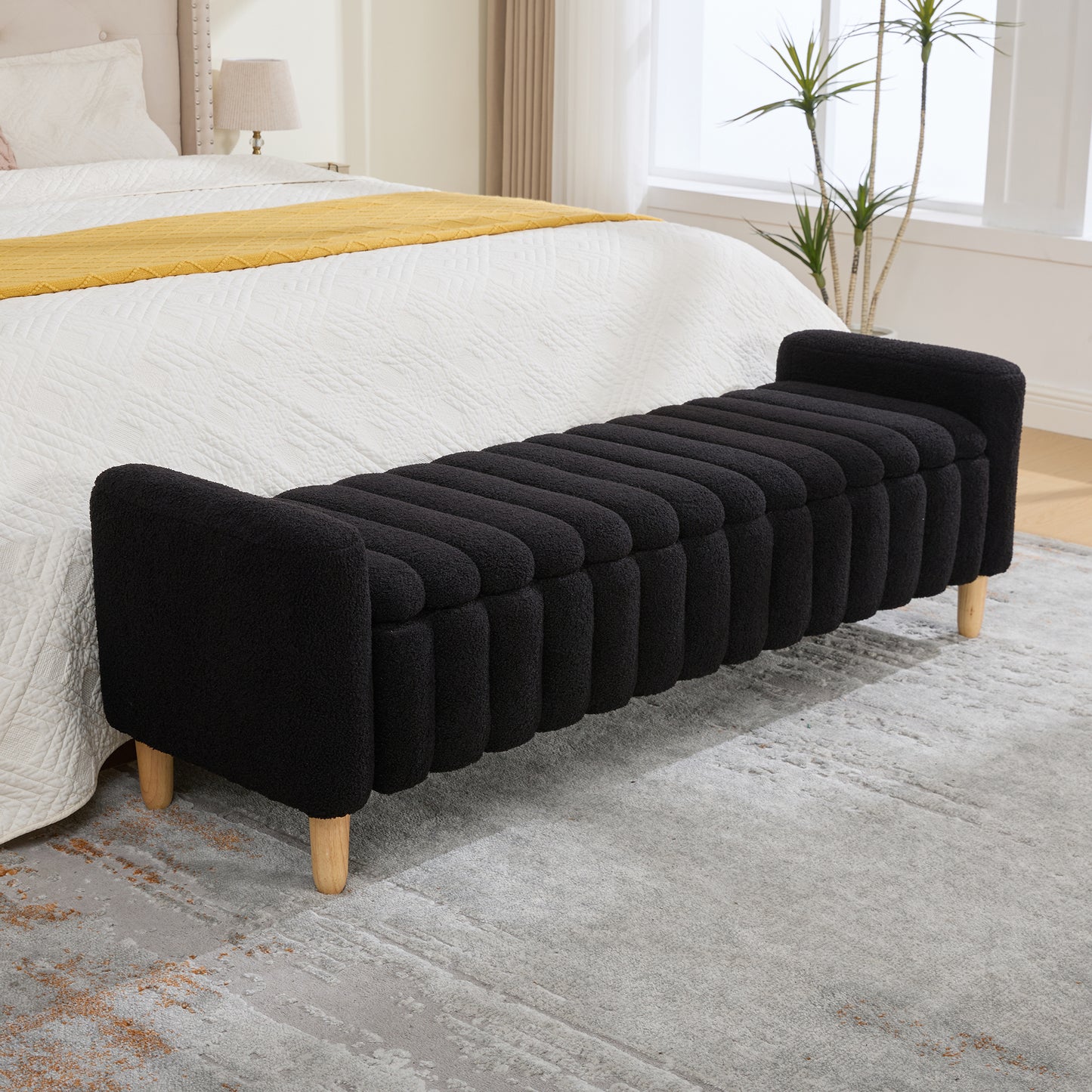 Modern Upholstered End of Bed Bench with Storage - Black