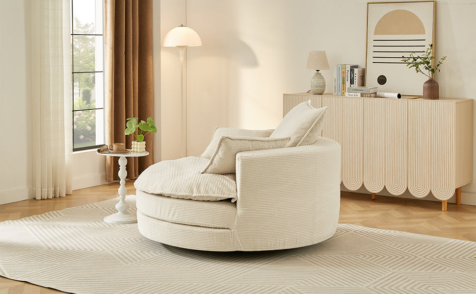 Oversized 360° Swivel Accent Chair with Dual-Layer Cushion - Beige
