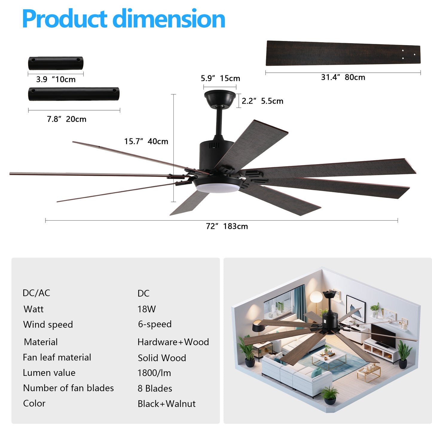 72-Inch Walnut LED Ceiling Fan with Remote Control & 8 Blades