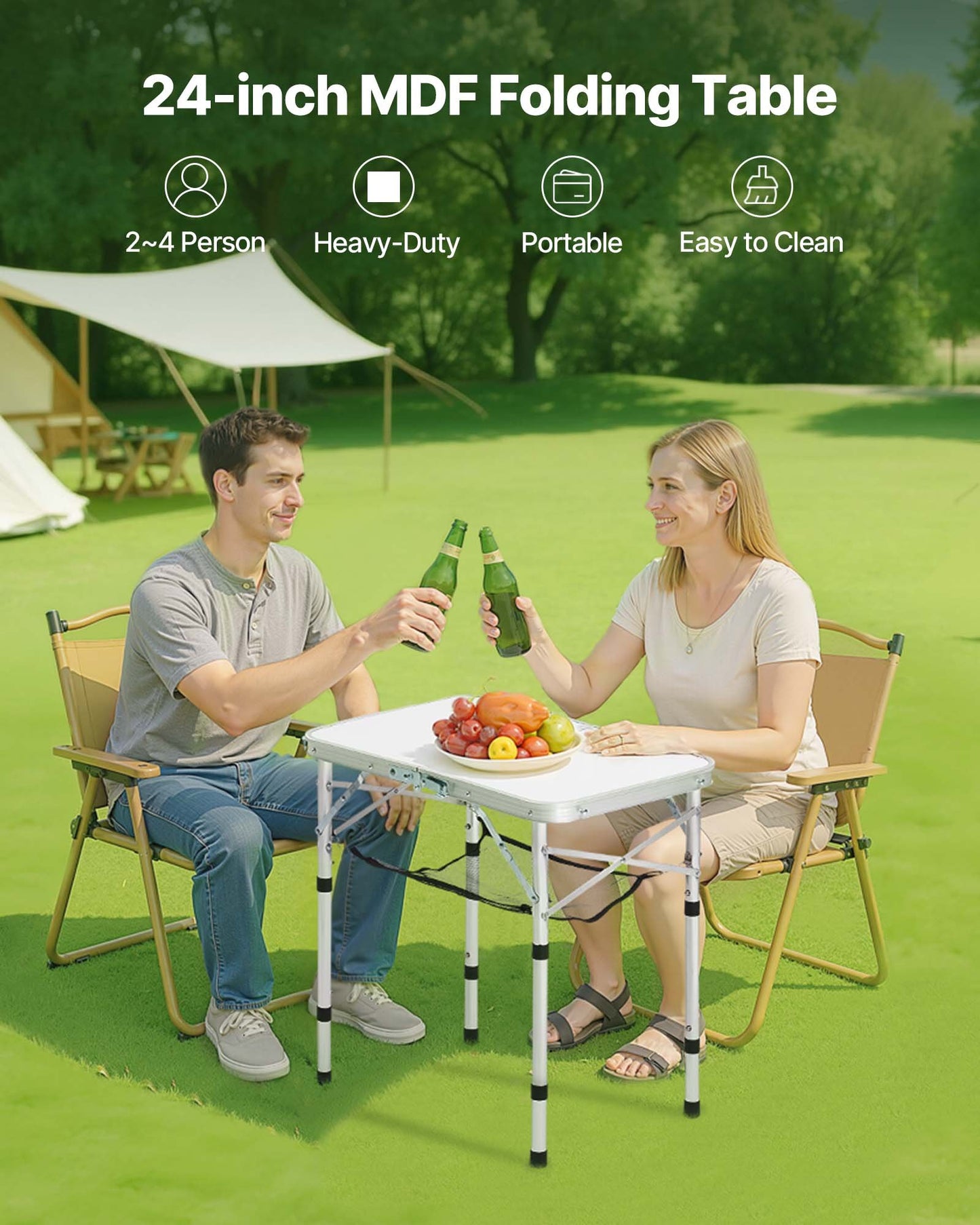 2ft Folding Portable Camping Table - Adjustable Height, Aluminum