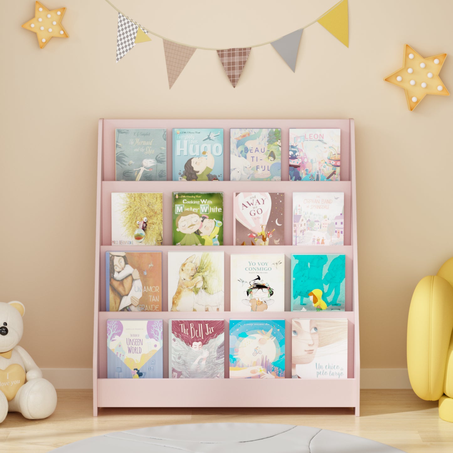 4-Tier Kids Bookshelf - Pink MDF Book Display Shelf