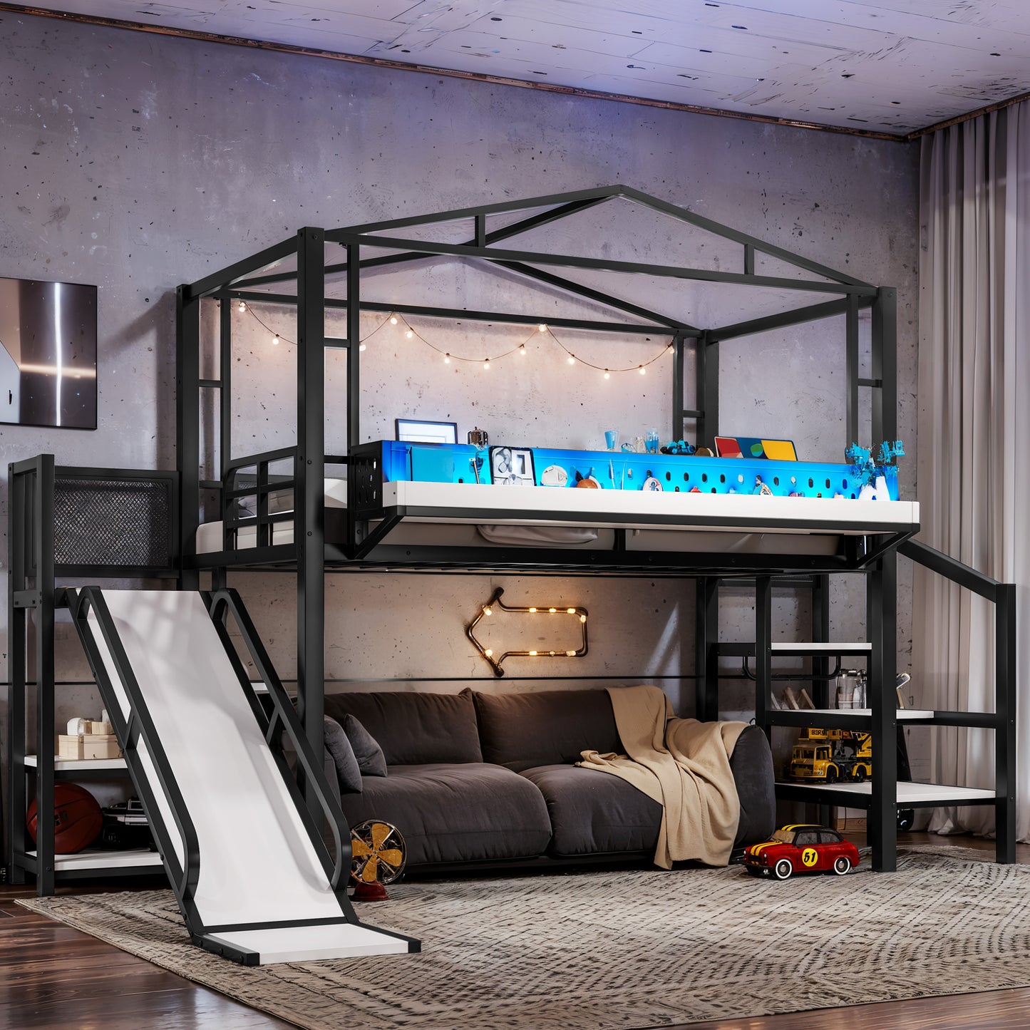Twin Size Loft Bed with Storage Stairs, USB Ports & LED Lights - Black