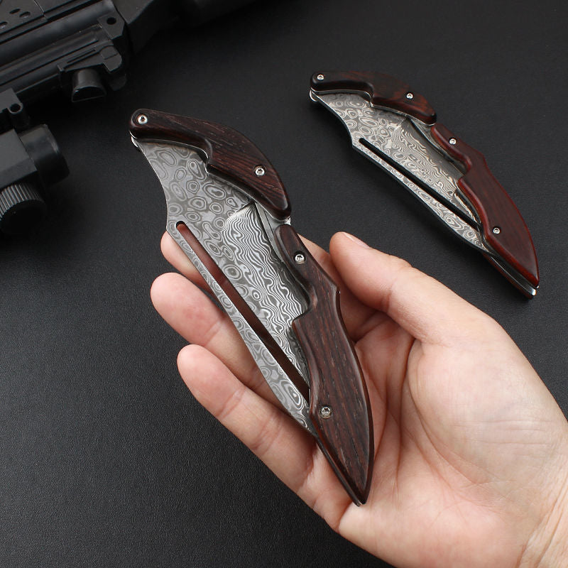 Portable Folding Camping Knife with Damascus Steel Blade and Wood Handle