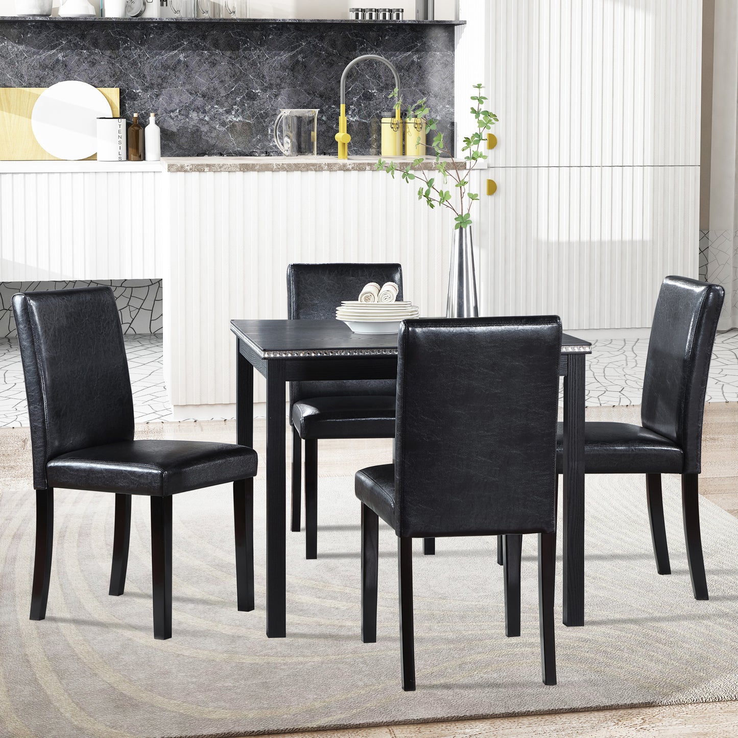 5-Piece Black Wooden Dining Table Set with Upholstered Chairs