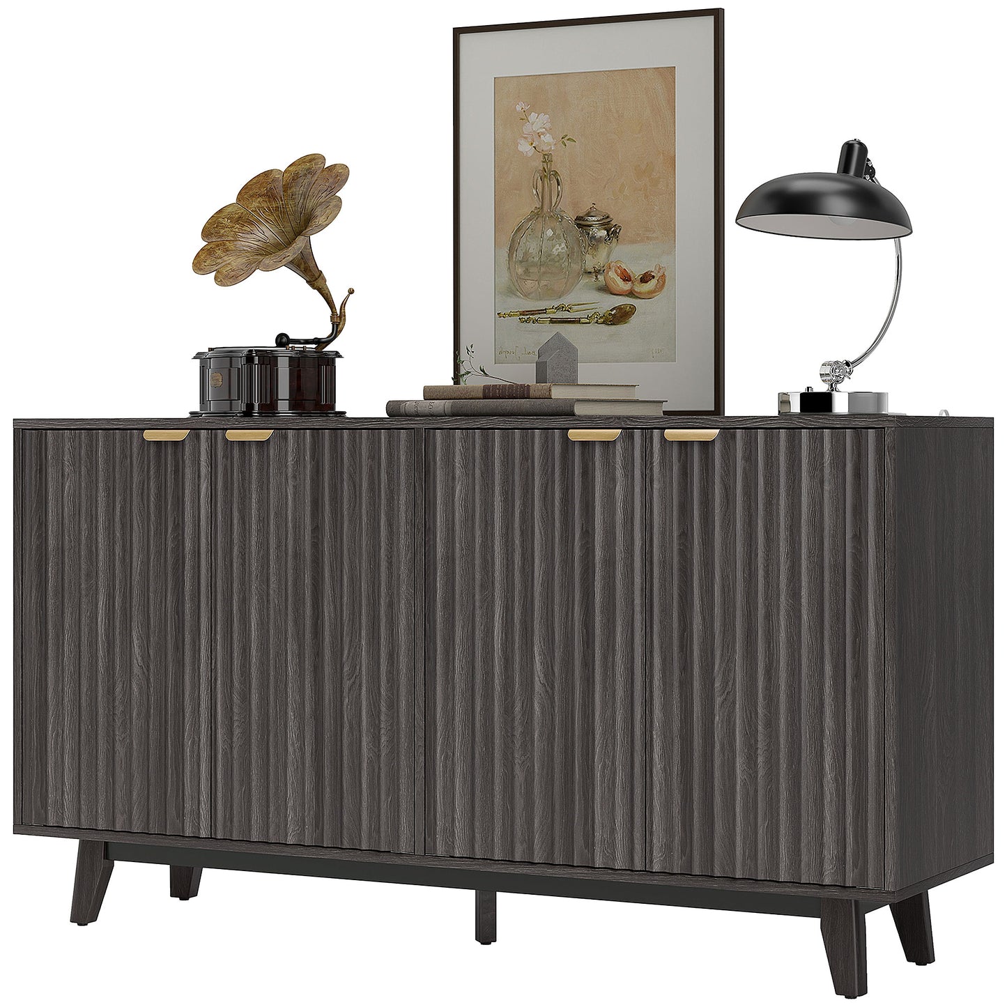 Fluted Buffet Cabinet - 55" Dark Gray with 4 Doors & Adjustable Shelves