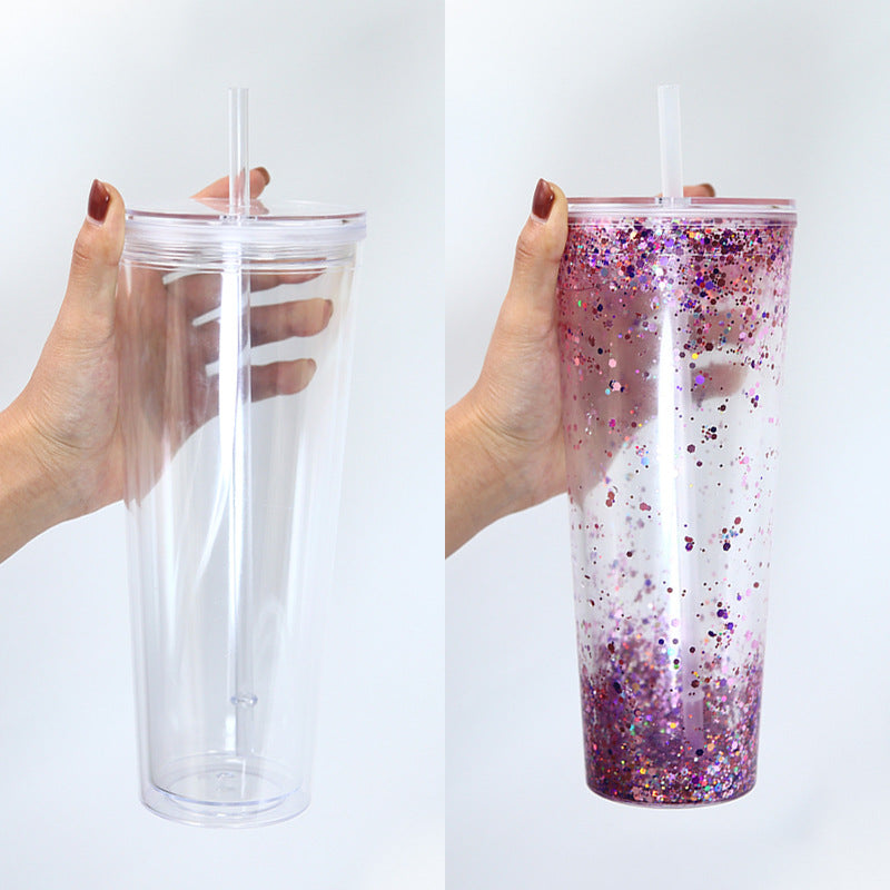 Double-Layer 24oz Acrylic Plastic Cup with Flat Lid and Plug - Leakproof Drinkware
