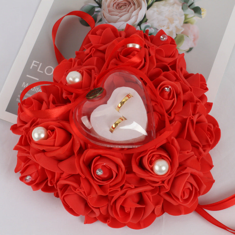Wedding Pearl Ring Pillow with PE Foam Rose for Bridal Ceremony