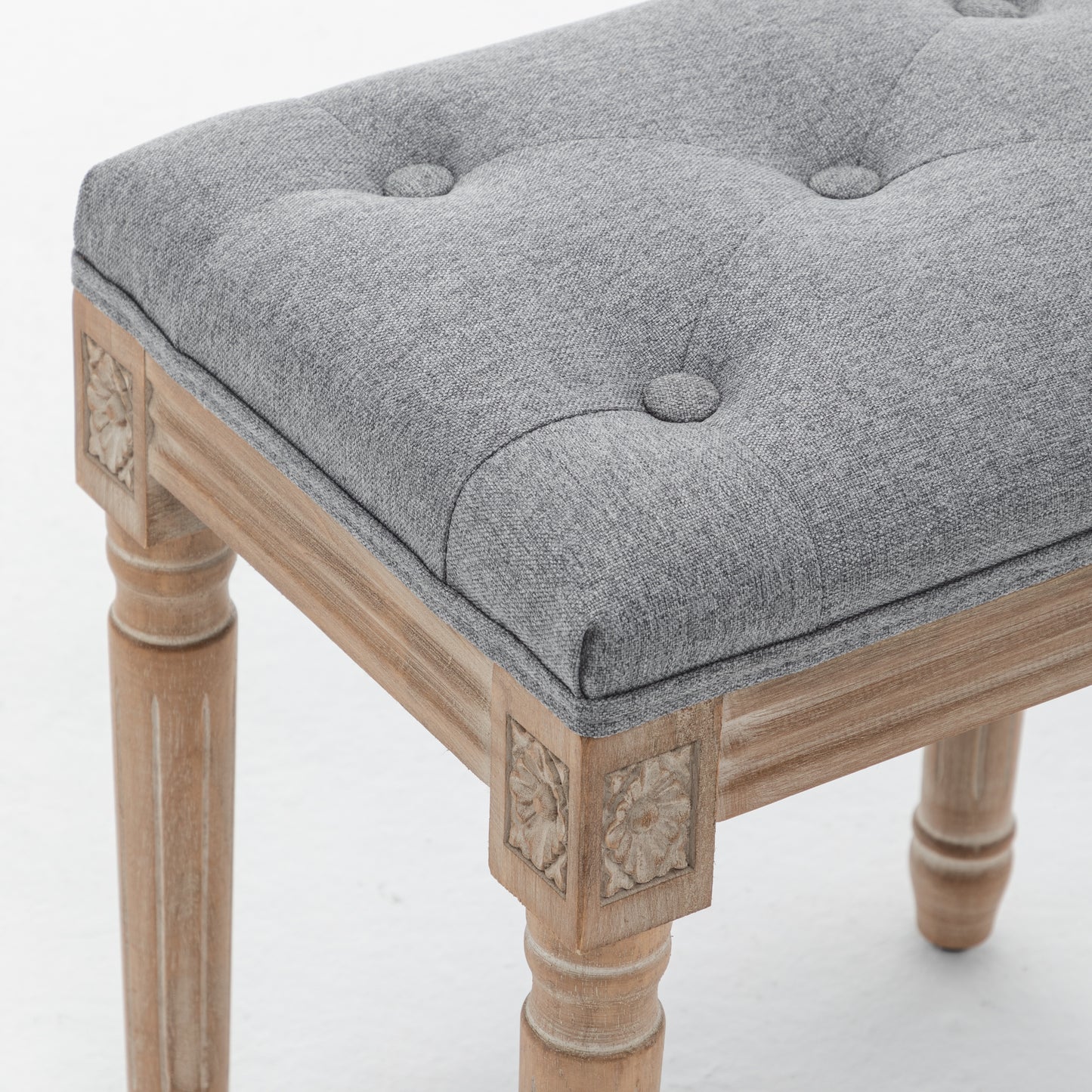 Grey Tufted Vanity Stool with Solid Wood Legs - Bedroom Bench