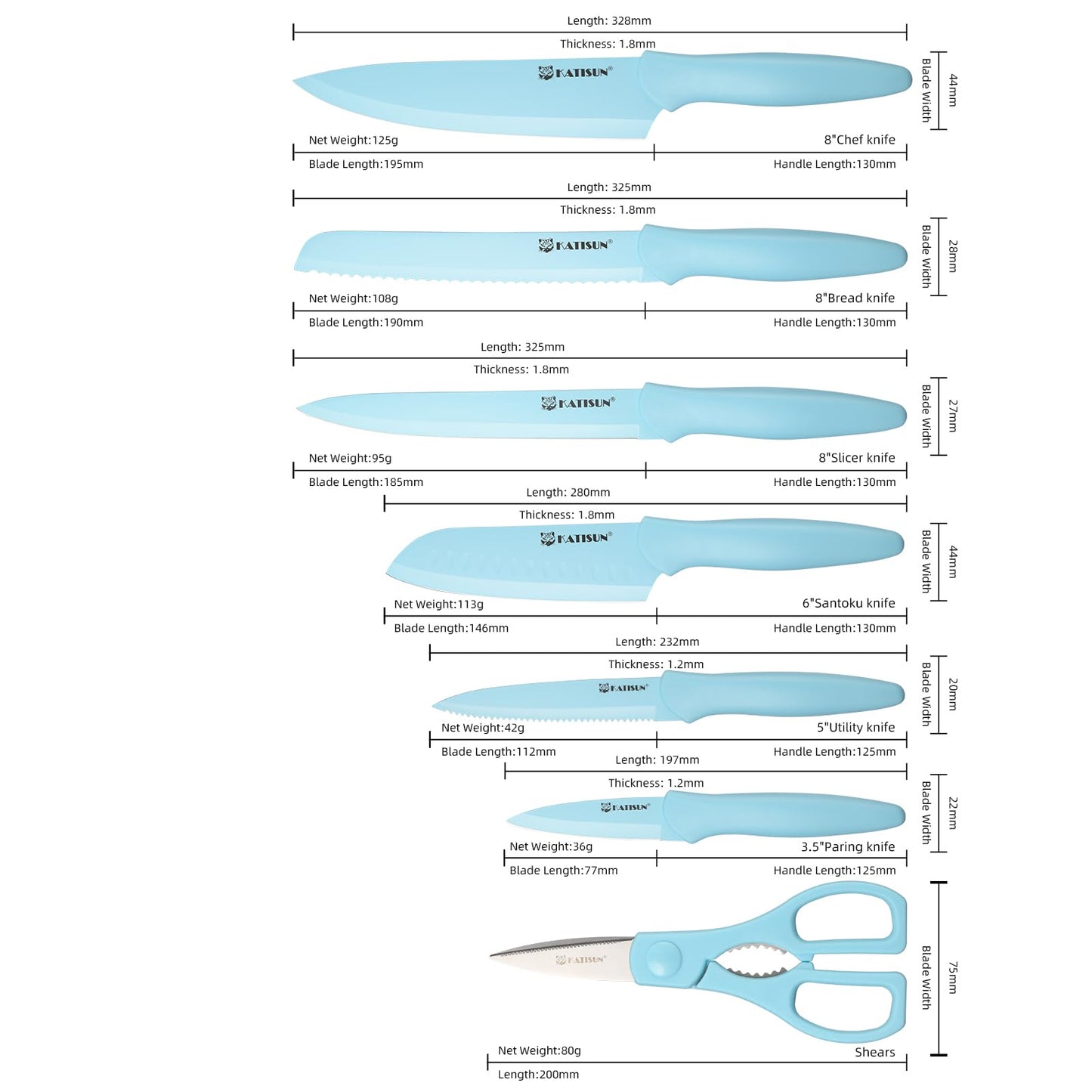 13-Piece Blue Kitchen Knife Set with Blade Covers & Shears
