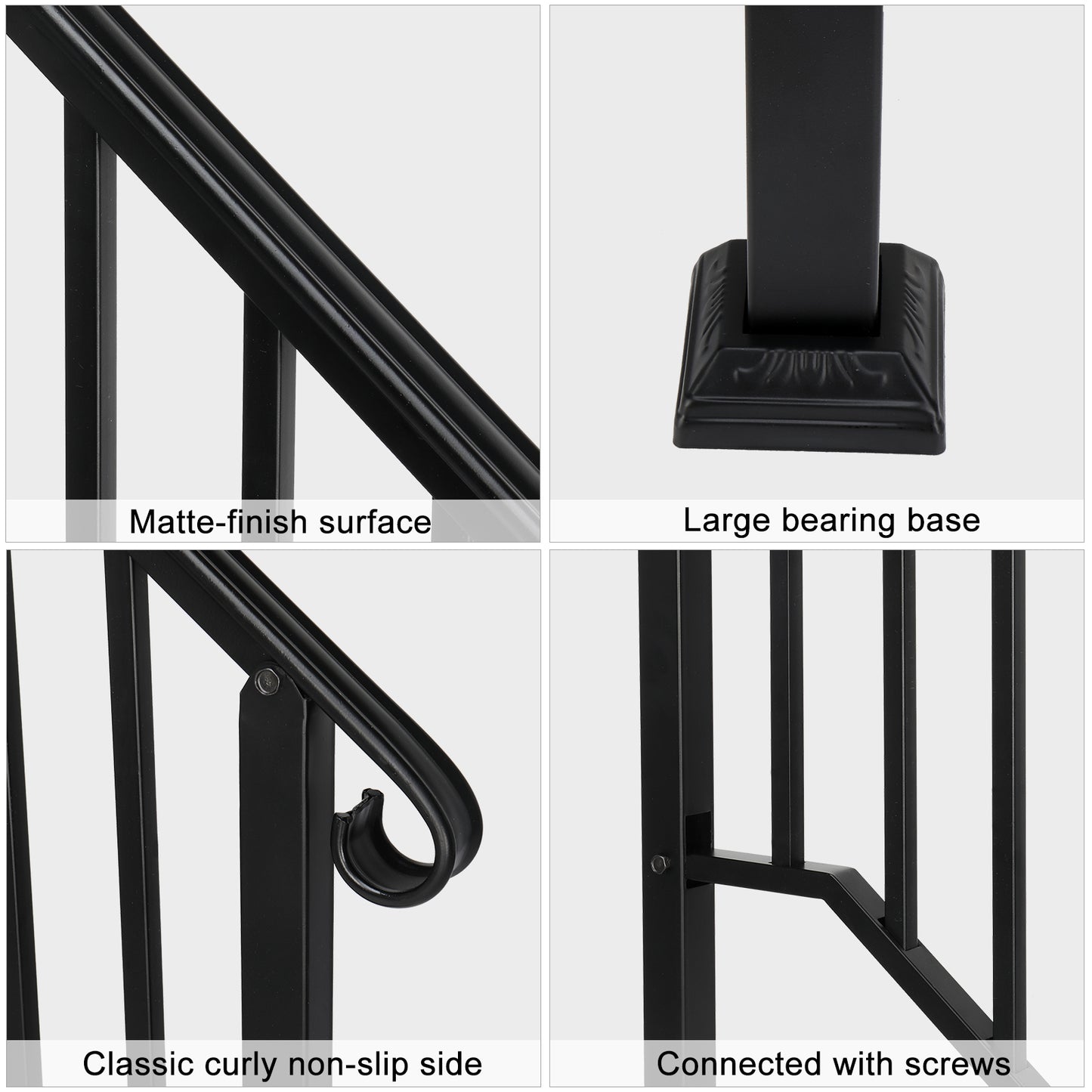 Black Wrought Iron Outdoor Stair Handrail for 3 or 4 Steps - Garden & Patio Railing with Installation Kit