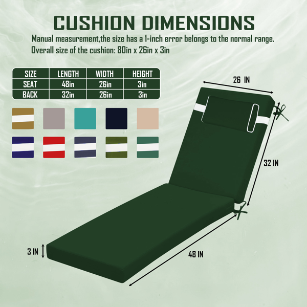 Waterproof Outdoor Chaise Lounge Cushion - 80x26x3 In.