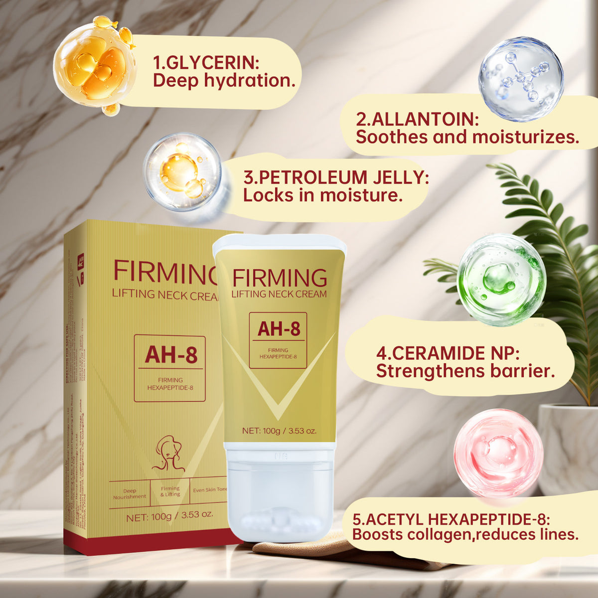 Neck Firming Cream with Roller Massager - Lifts & Tightens Skin - 120g