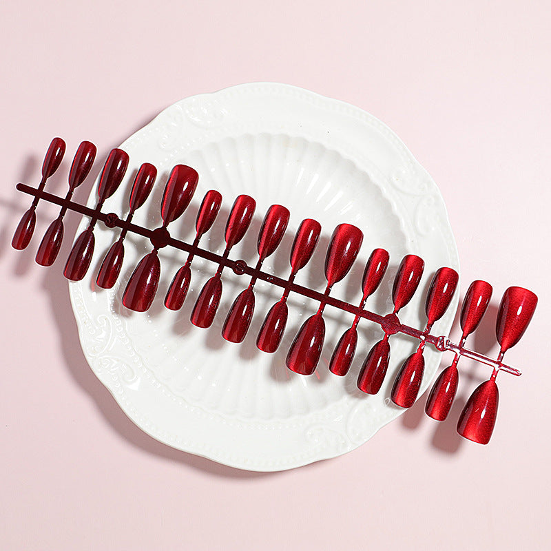 Cherry Red Cat Eye Nail Tips - Almond Shape, 30-Piece Nail Art Set