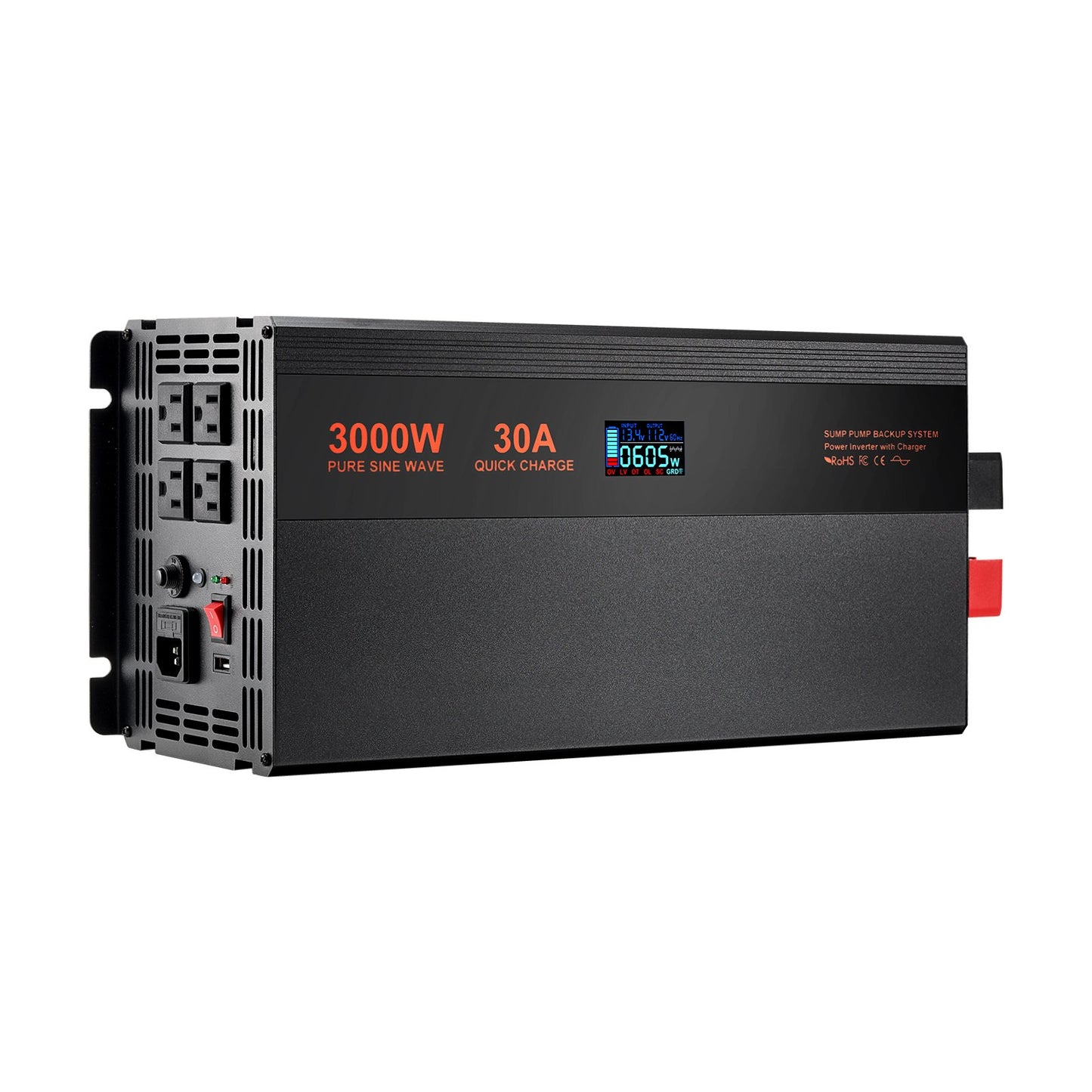 3000W Battery Backup Inverter for Sump Pumps with LCD Display - Black