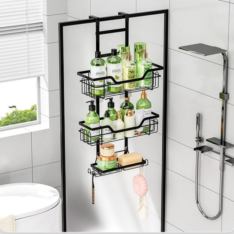 No-Drill Bathroom Shelf with Tiered Hanging Basket Storage Rack - Black